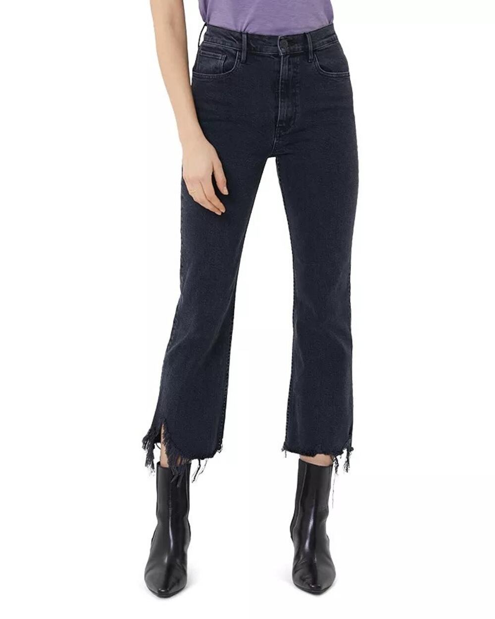 3x1 Empire Frayed Crop Flare High Rise Jeans in Starling Black Edgy Rocker Denim